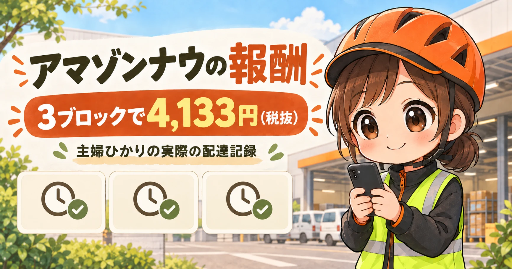 アマゾンナウの報酬、3ブロックで4,133円（税抜）。黄色い反射ベストとヘルメット姿の主婦ひかりの実際の配達記録