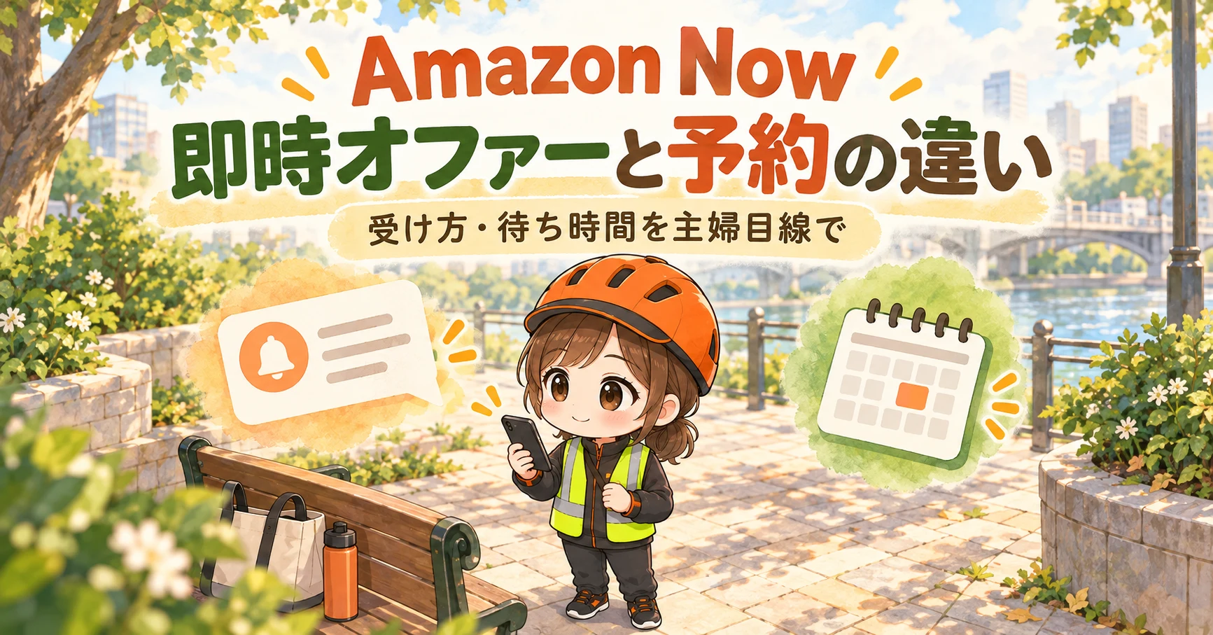 Amazon Nowの即時オファーと予約の違い。黄色い反射ベストとヘルメット姿のひかり
