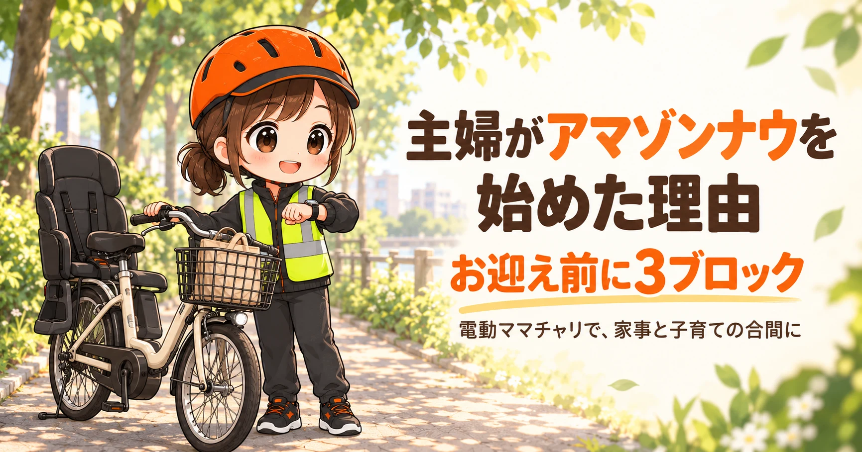 電動ママチャリと黄色い反射ベスト・ヘルメット姿のひかり。お迎え前に3ブロック、家事と子育ての合間に配達