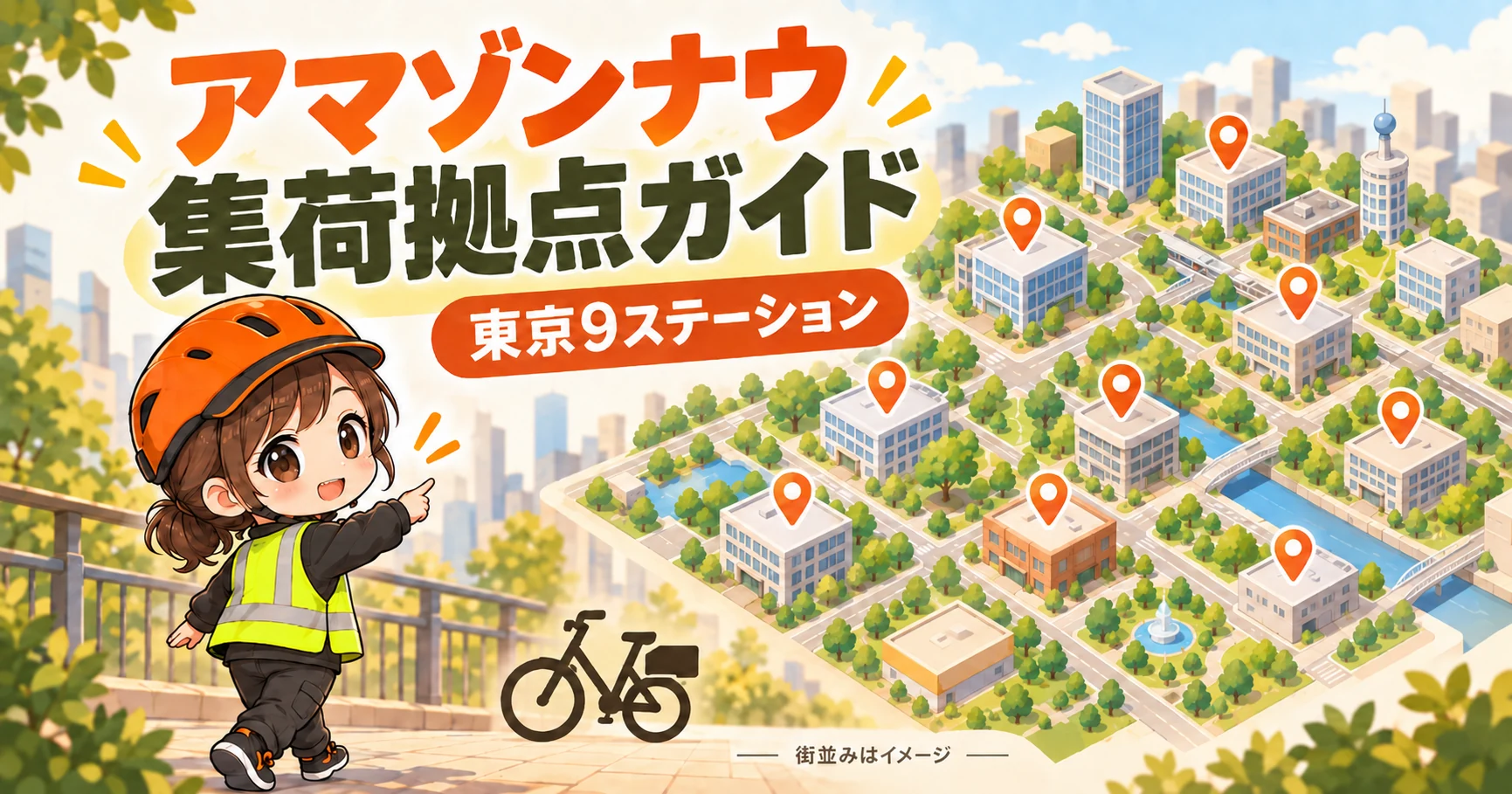 アマゾンナウの集荷拠点ガイド。ステーションを位置ピンで表した街並みのイメージ